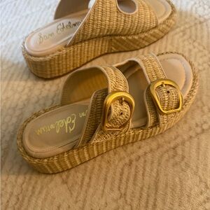 Sam Edelman Raffia Platform Slide Sandals in Natural with Gold Buckles